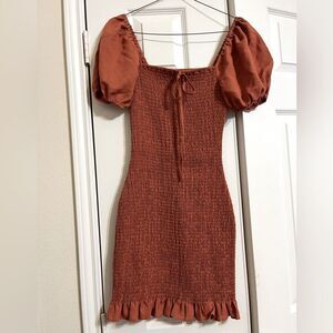 Burnt, Dark Orange Dress, Ruched Style with Cute Ruffles